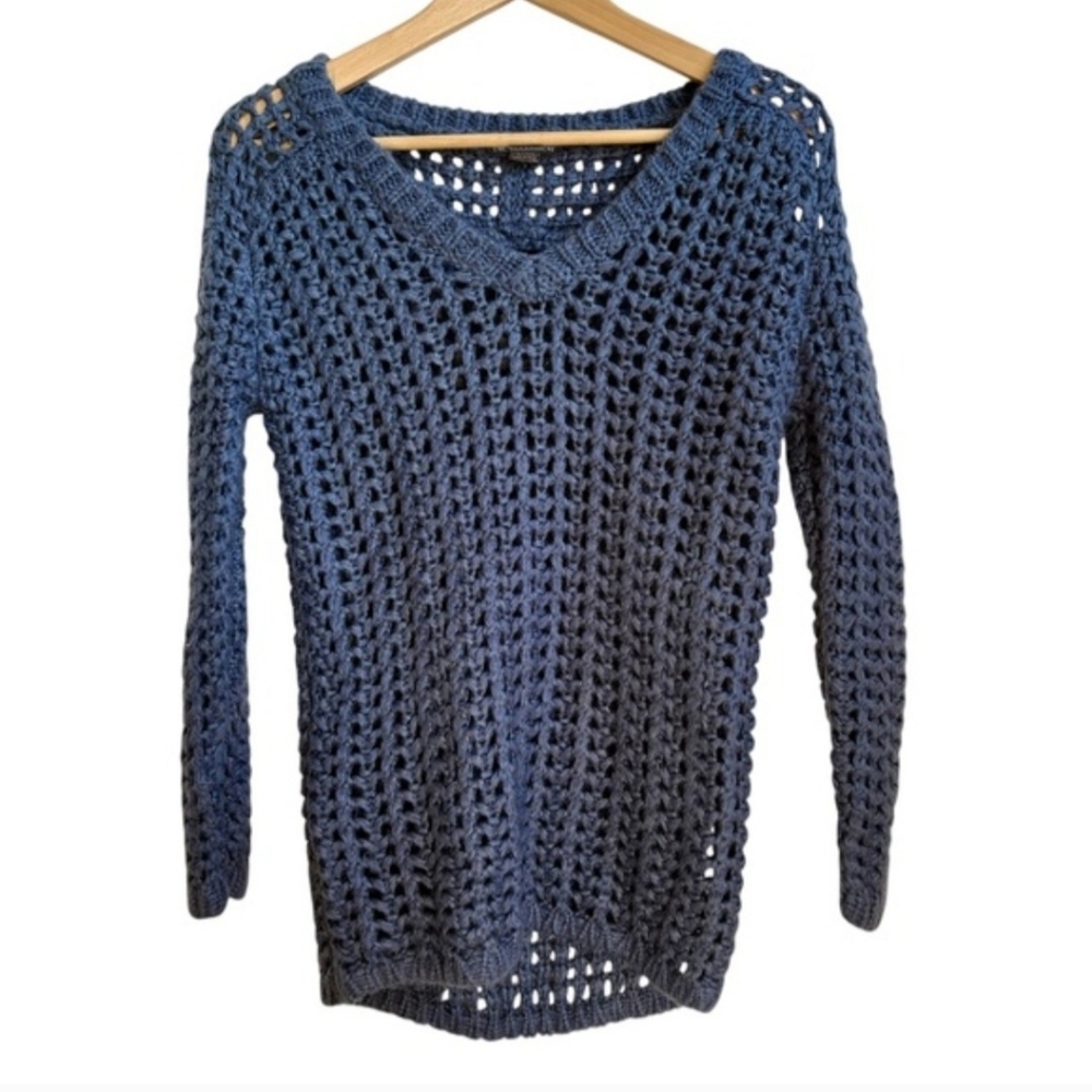 Chelsea & Theodore Sweater Loose Knit Thick Chunky V-Neck Blue Pullover Sz Small